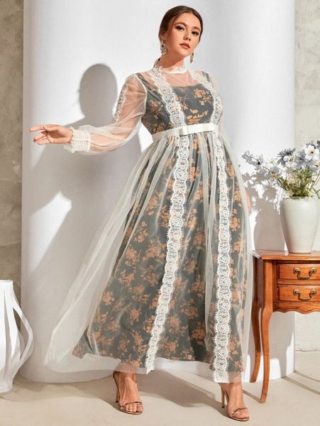 

plus eyelash lace tape bow waist mesh overlay floral dress w5sg#, Black