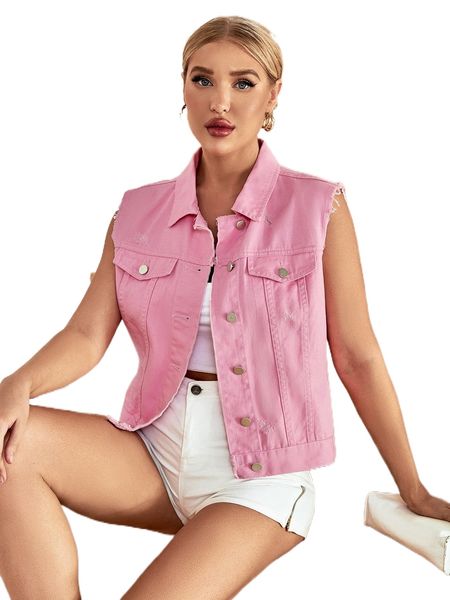 

ripped raw cut vest denim jacket i3iy#, Black;brown