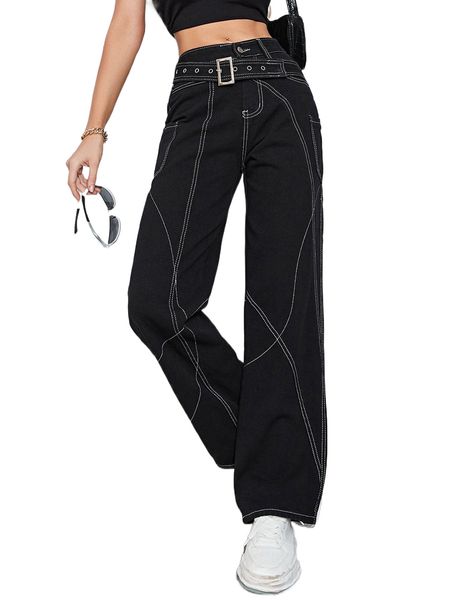 

apperloth a high waist pocket stitch wide leg belted pants n8bm#, Black;white