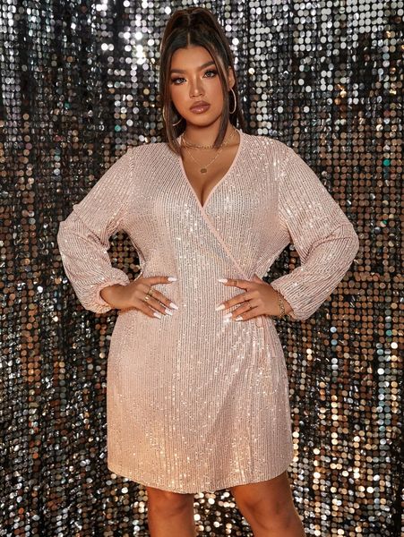 

plus surplice neck lantern sleeve sequin dress i4xq#, Black