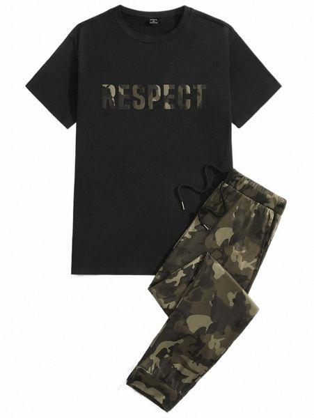 

men letter graphic & camo pants set x9bc#, Gray