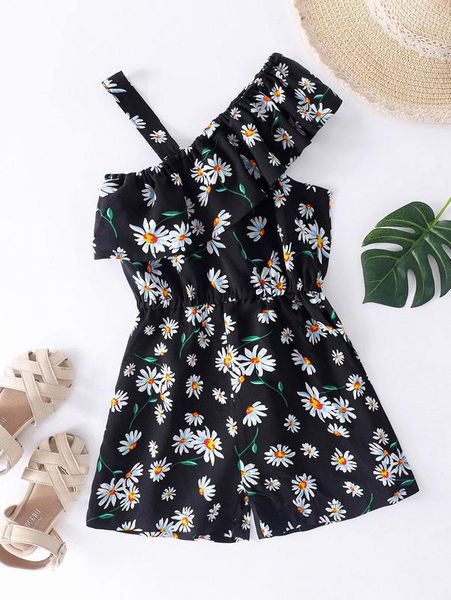 

toddler girls floral print asymmetrical neck ruffle trim romper she, Blue