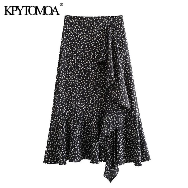 

kpytomoa women 2020 chic fashion print ruffled midi skirt vintage side zipper front vents female skirts casual faldas mujer t200712, Black
