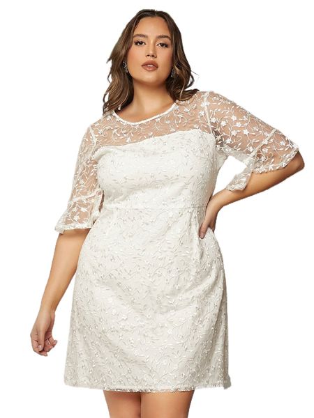 

plus floral embroidered mesh overlay dress s2t3#, Black