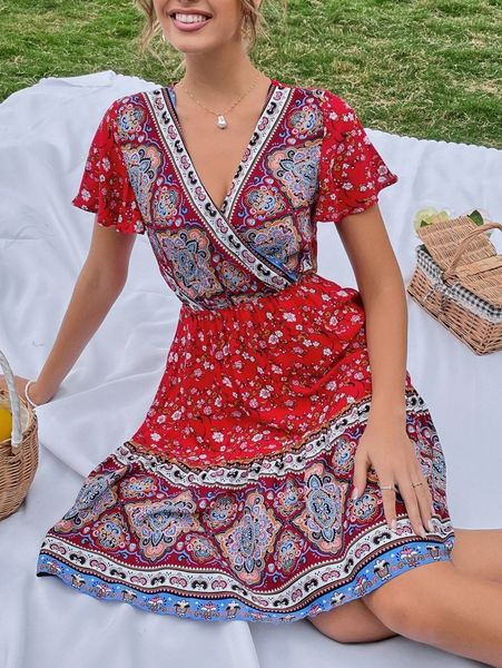 

floral print butterfly sleeve dress q0kx#, Black;gray