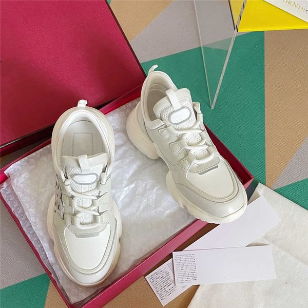 

womens thick soled sneakers calfskin fabric daddy shoes splicing contrast color casual running shoe, Black