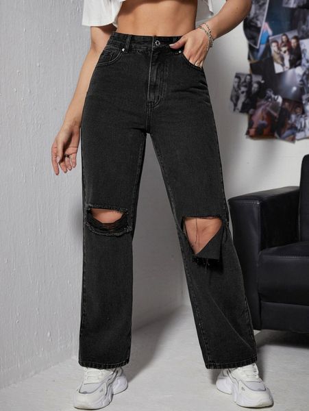 

zipper fly ripped wide leg jeans v4u2#, Blue
