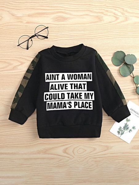 

baby slogan & camo print pullover she, Black