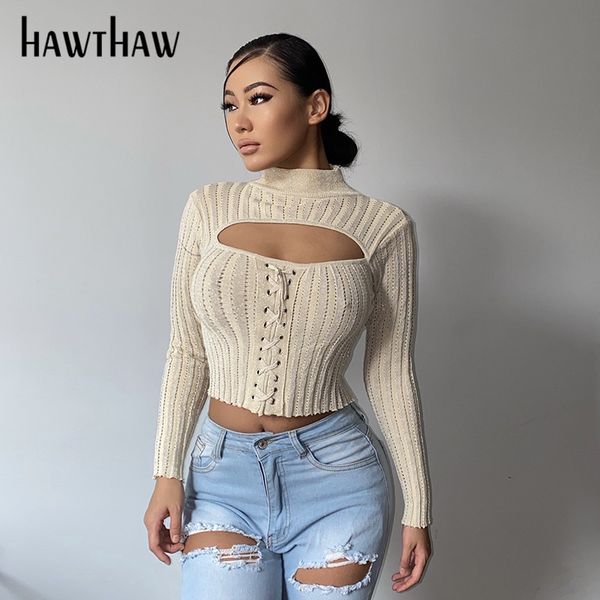 

hawthaw women autumn long sleeve hollow out slim crop t shirt 2021 fall wholesale clothes streetwear dropshipping, White