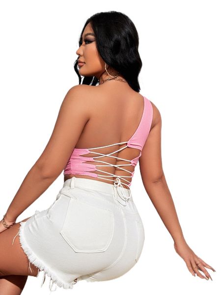 

sxy lace up backless one shoulder x6j1#, White