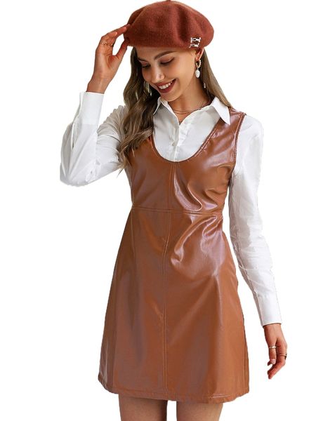 

simplee zip back pu leather dress without blouse f3jr#, Black;gray