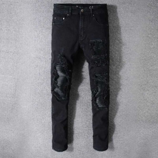 

amirs brand men's punk black irregular holes stretch patchwork slim fit moto jeans, Blue
