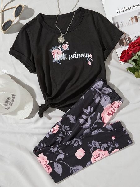 

girls' floral and lettered t-shirts and pants she, White