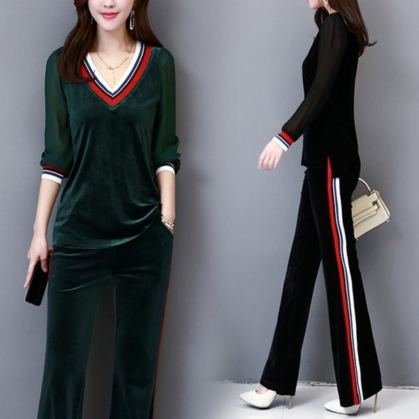 

large size velvet tracksuit for women autumn female v neck splicing chiffon sleeve pants fashion plus size suits y201128, White