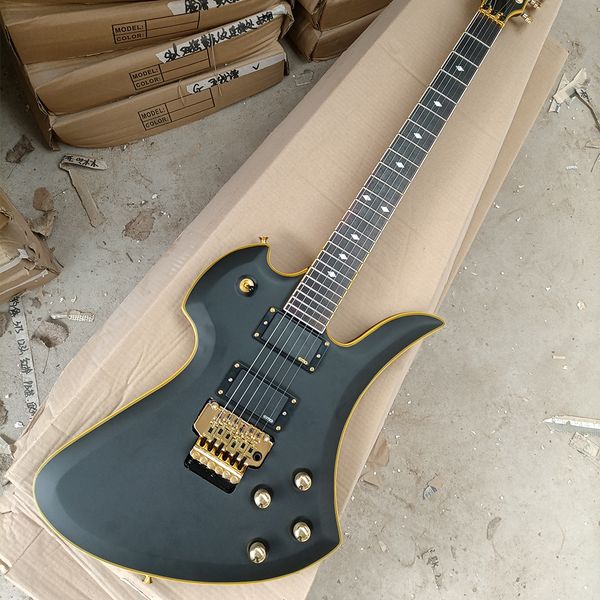 

matte black unusual shaped electric guitar with yellow binding rosewood fretboard