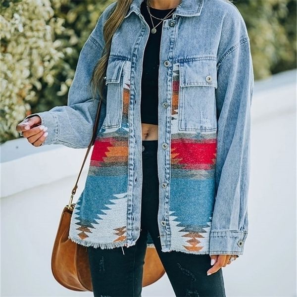 

jeans casual jackets autumn winter aztec lapel pocket denim coat patchwork long sleeve wool womens retro jacket 220817, Black;brown