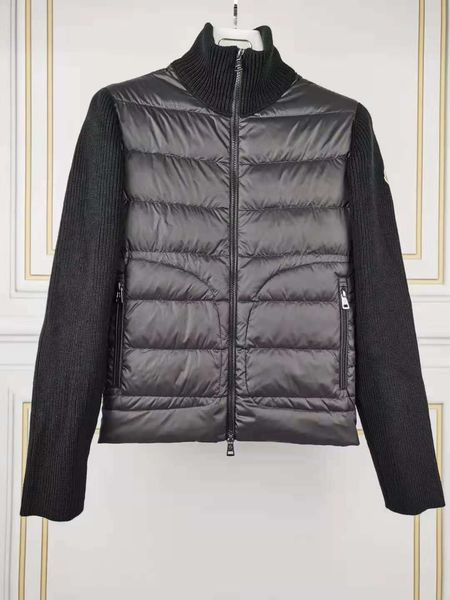 

men branded stand collar down coat wool knitting splicing design jacket thin slim parkas green black color size m