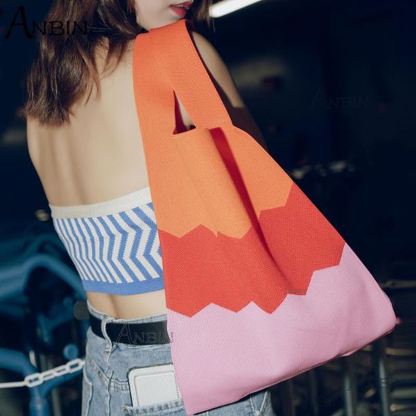 

evening bags women's handbag rainbow colors shoulder knitted designer japan styles student casual large capacity reusable shopping tote