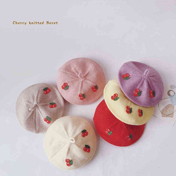 

autumn winter baby knitted beret kids cherry painter hat cute heart bernat french artist warm wool girl beanie korea fashion new j220722, Blue;gray