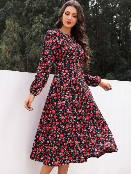 

floral print lantern sleeve dress without belt i4y3#, Black;gray