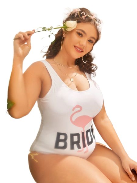 

plus flamingo & letter graphic one piece swimsuit q4rz#, White;black