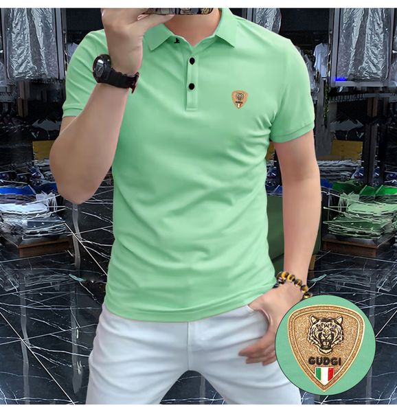 Camisa polo masculina de cor sólida casual logotipo decorar doces cor brilhante masculino lapela polo topos de alta qualidade roupas masculinas M-4XL