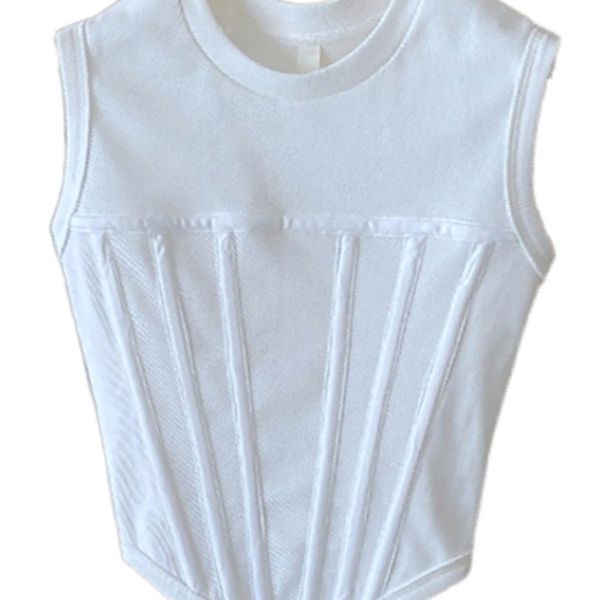 

deat women fashion slim white round neck sleeveless patchwork side waist buckle threaded vest summer autumn 7e1365 220316