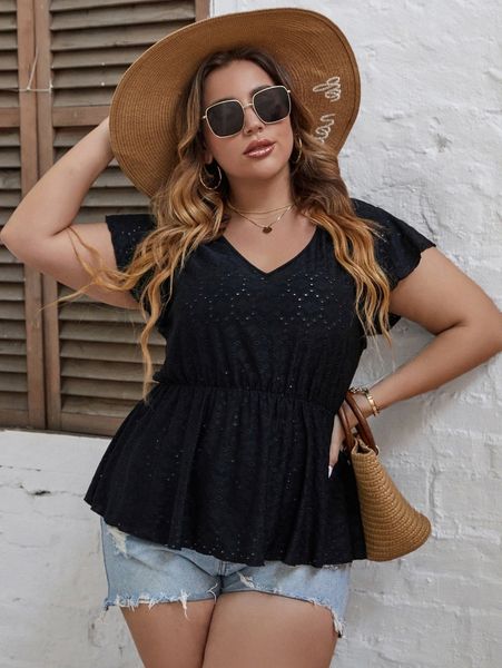 

plus eyelet embroidery butterfly sleeve tee u9ew#, Black