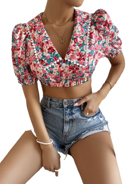 

allover floral print puff sleeve crop blouse e4mt#, White