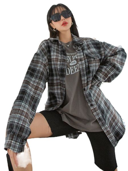

dazy plaid print drop shoulder shirt m66u#, White