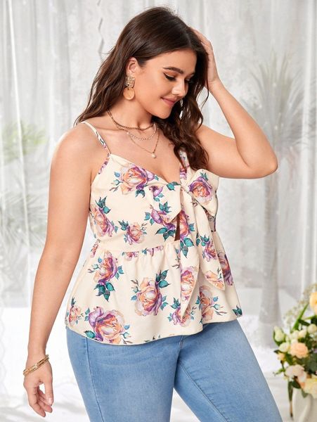 

plus floral print bow front cami u5pj#, Black