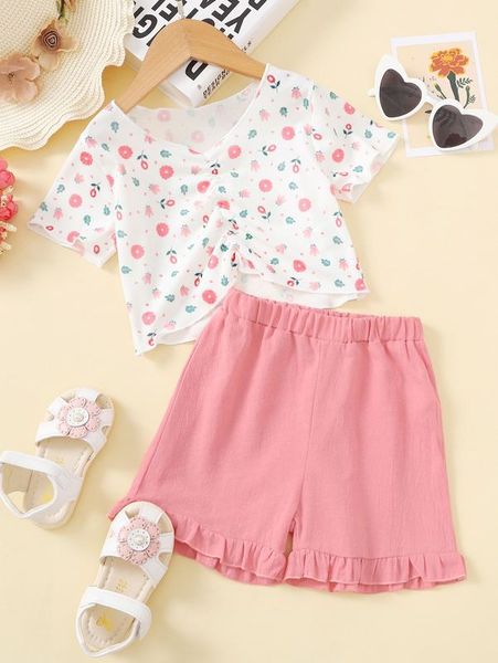

toddler girls floral print ruched tee & ruffle hem shorts she, White