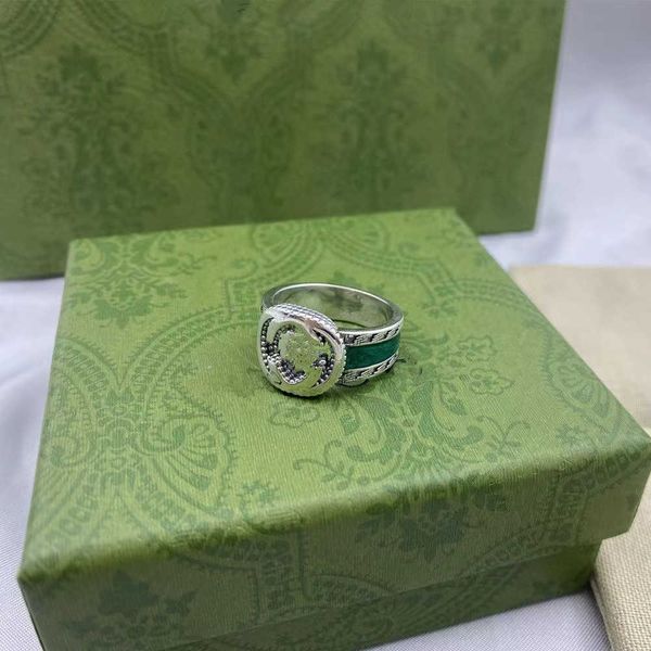 

new jewelry 925 silver g letter hollowed out green enamel ring men's and women's retro ring fashion street