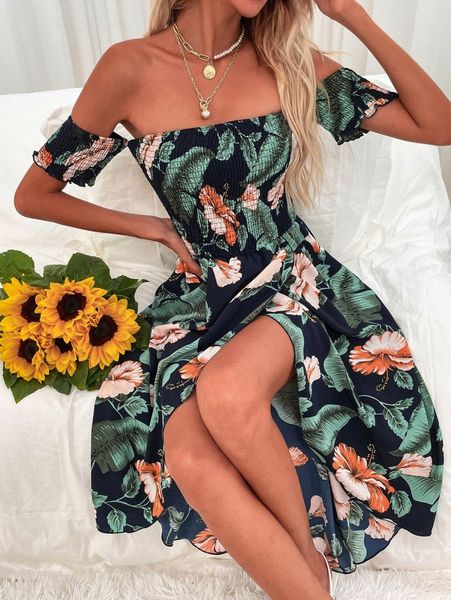 

tropical print shirred bardot wrap dress e9qb#, Black;gray