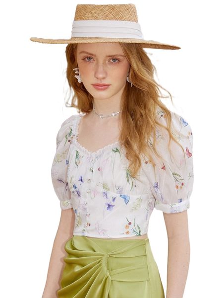 

floral print puff sleeve ruched bust blouse j3u0#, White