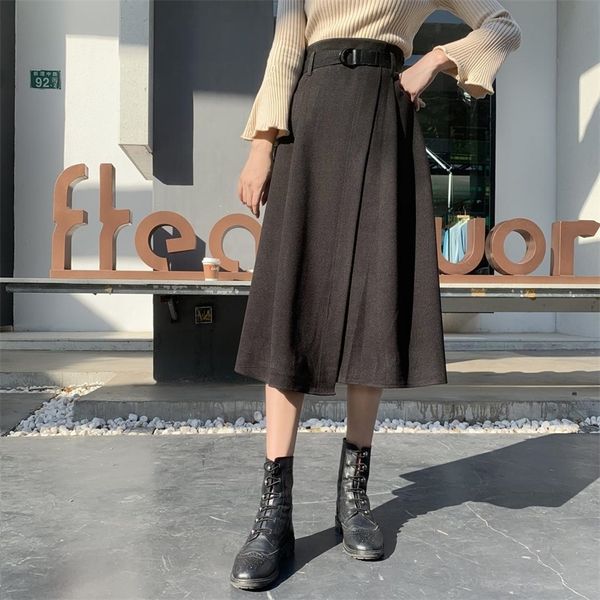

jxmyy the irregular woolen twill skirt can not afford the ball does not fade a-line mid-length solid color elastic 210412, Black