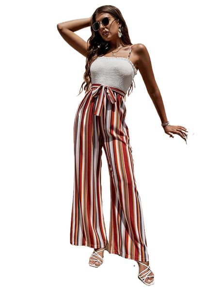 

colorful striped shirred frilled belted cami jumpsuit v8ru#, Black;white