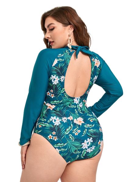 

plus tropical print backless knot high neck one piece swimsuit i9zz#, White;black