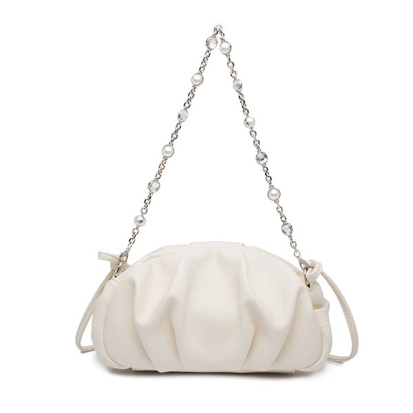 

soft leather hobos shell fashion bag for women with luxury beads and chains pleated plain