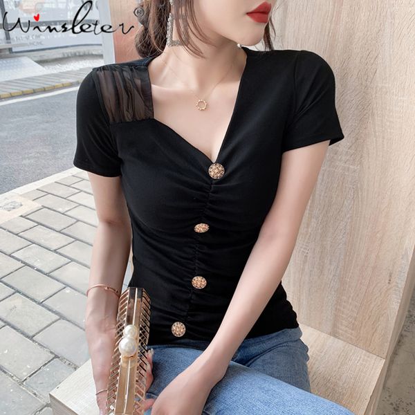 

summer korean style cotton tshirt fashion vneck button irregularity drape patchwork lace women slim tees t13904a 220520, White
