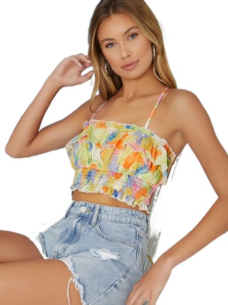

x ji yeon lee tropical leaf print ruffled cami crop c0o5#, White