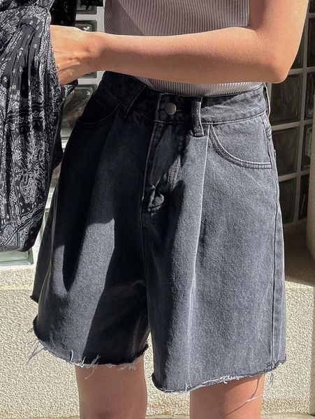 

dazy fold pleated raw cut denim shorts d51t#, White;black