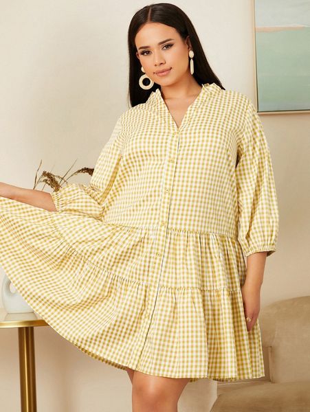 

plus gingham print button front ruffle hem dress 75rx#, Black