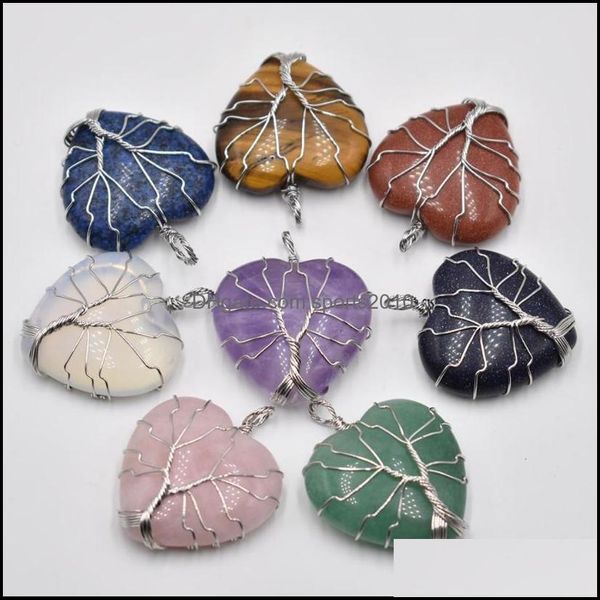 Artes e artesanato Charms de pedra natural Árvore de cristal da vida Heart Pingents Roses Quartz Wire embrulhado jóias da moda WH Sports2010 DHN1Y