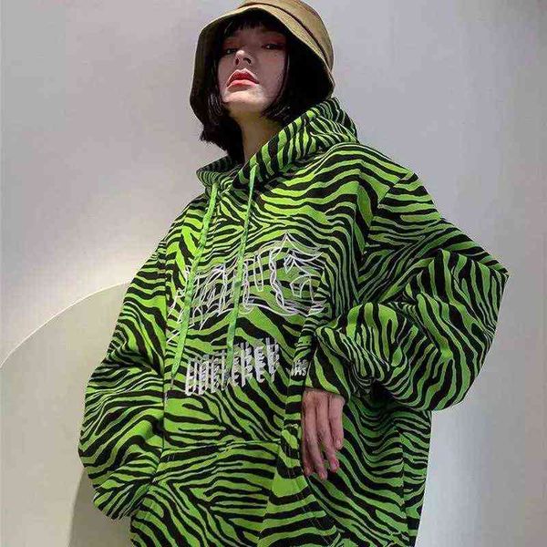 2022 Streetwear Gevşek Kakiller Kadın Zebra Baskı Hoodies Neon Yeşil Büyük Boyutlu Harajuku Koreli Dent Moda Ceket Bayanlar Ter T220726