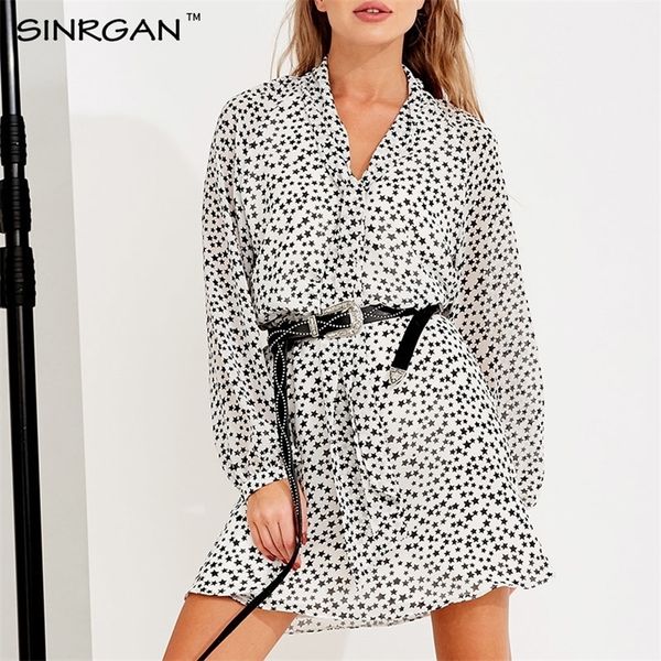 Sinrgan v Sece Sexy Star Print White Mini Dress Vintage с длинным рукавом.