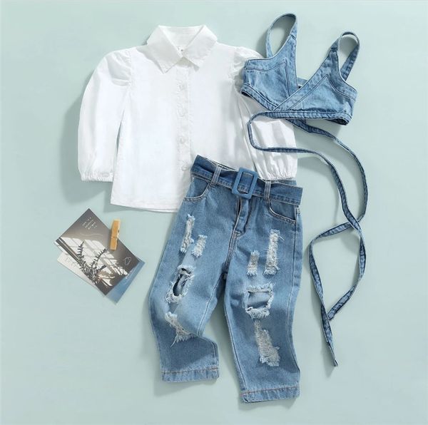 1-6Y Kinder Kinder Mädchen 2022 Frühling Herbst Kleidung Sets 3 stücke Einfarbig Langarm-shirt Tops + Denim Weste + Jeans Hosen