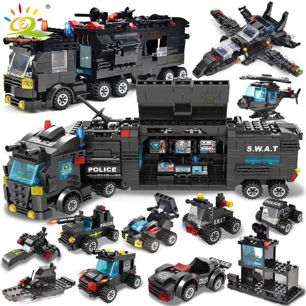HUIQIBAO SWAT Station Truck Modell Bausteine Stadt Maschine Hubschrauber Auto Zahlen Bricks Bildungs Spielzeug Für Kinder 220715
