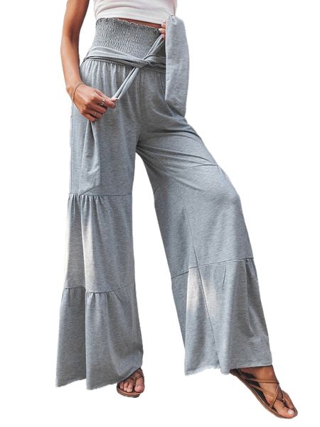 

shirred waist tie front wide leg pants t68r#, Black;white