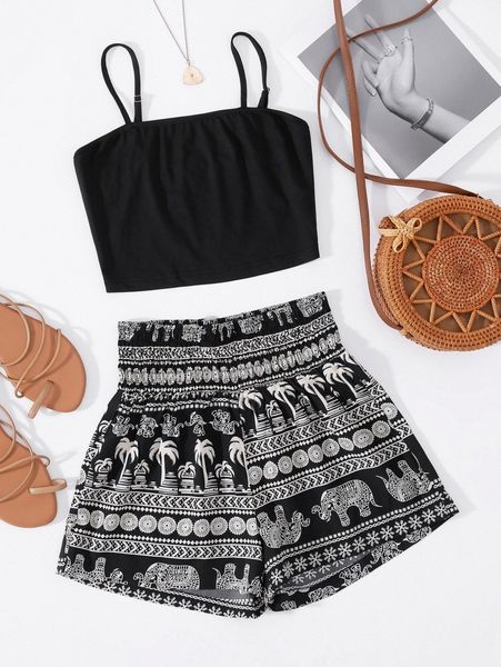 

crop cami & geo & tropical print shorts set o5fs#, White